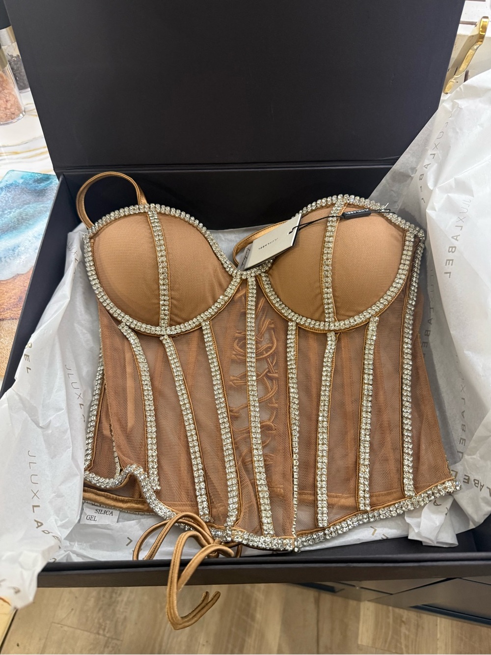 JLUXLABEL Nude Beaded Sheer Corset Crop Top - Picture 4 of 6